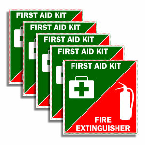 First Aid And Fire Extinguisher 5 Pack Lot Safety Vinyl Stickers 2.5"
