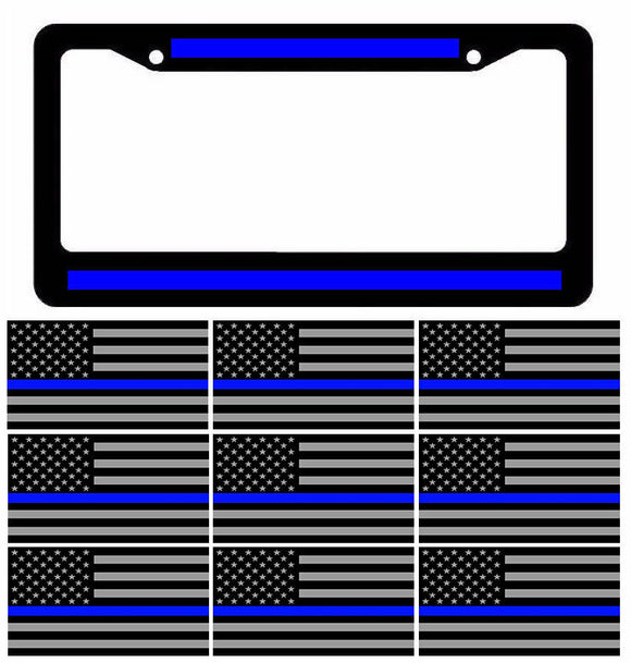 Reflective Thin Blue Line License Plate Frame w/ Blueline Flag Decal Stickers 5