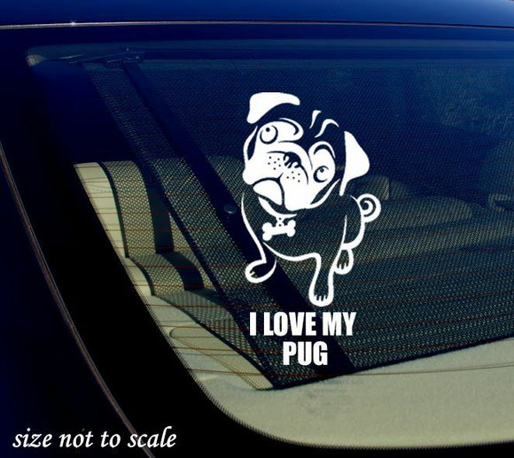 I love my Pug Decal Sticker white Car Window Bumper I Love My Rescue Dog 3.5