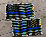 L/R Blue Colored Line Support Police Tattered American Flag Holographic Sticker Decals
