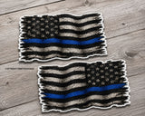 L/R Blue Colored Line Support Police Tattered USA American Flag Sticker Decals
