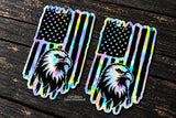 2Pcs USA American Tattered Distressed Flag Eagle Holographic Sticker Decals 4"