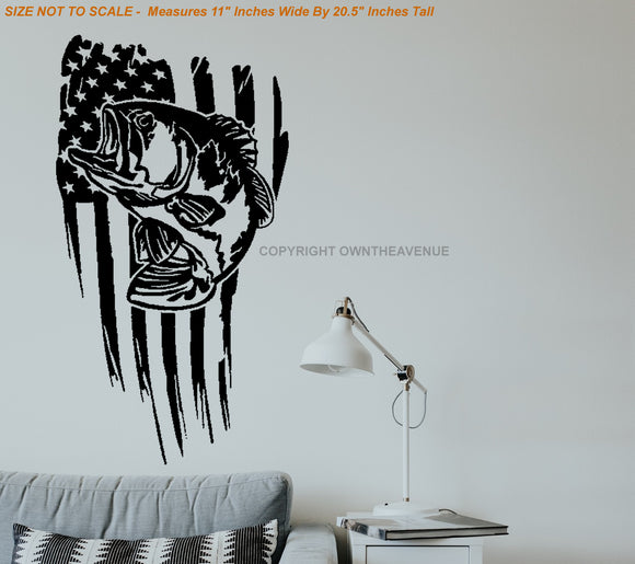 Bass Fish USA American Flag Tattered Distressed Fishing Wall Decor Sticker Decal - OwnTheAvenue