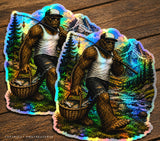 x2 Bigfoot Fishing Fish Humor Joke Holographic Vinyl Sticker Decals 4" Each