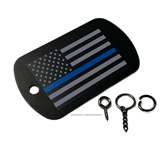 Support Police Blue Color Subdued Flag Black Keychain Necklace Metal Tag