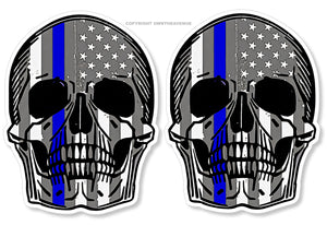 x2 Support Police Officers Blue Color American Flag Skull Decal Sticker 3.5" Inches