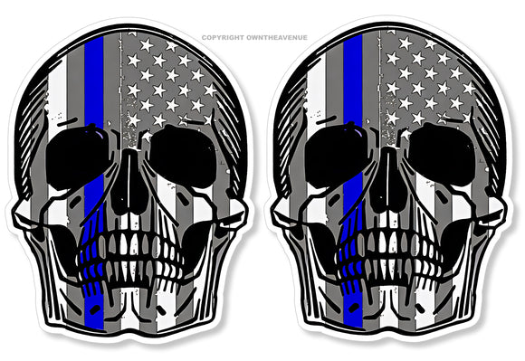 x2 Support Police Officers Blue Color American Flag Skull Decal Sticker 3.5