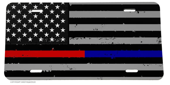 Support Police Fire Fighters Grunge USA American Flag License Plate Cover Model2 - OwnTheAvenue