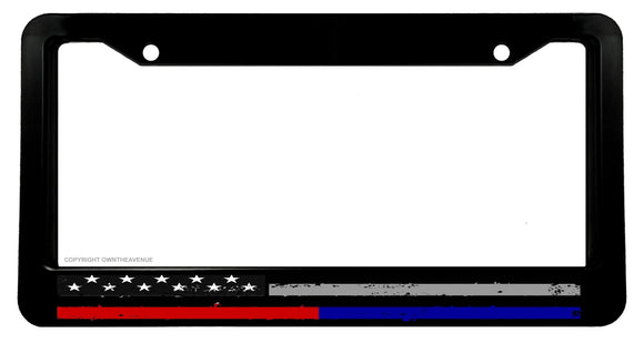 Support Police Fire Fighters Grunge Style USA American Flag License Plate Frame - OwnTheAvenue