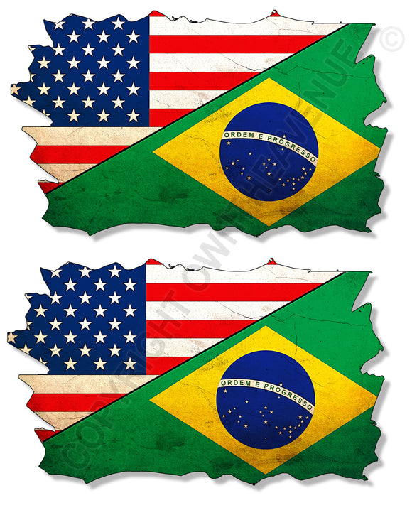 2Pcs Brazil USA American Vintage Style Distressed Flags Vinyl Sticker Decals 3