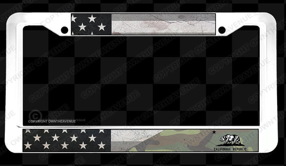 American Flag Cali California Flag Tattered Camo White License Plate Frame