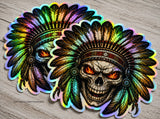x2 Indian Chief Skull Flames Holographic Vinyl Sticker Decals 3.5"