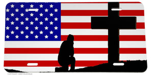 Christian Jesus Cross Kneel Praying USA American Flag License Plate Cover - OwnTheAvenue