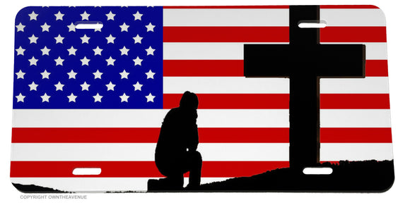 Christian Jesus Cross Kneel Praying USA American Flag License Plate Cover - OwnTheAvenue