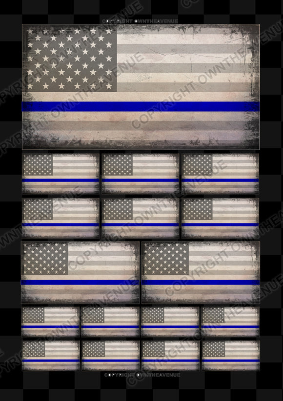 17Pcs Distressed USA American Blue Color Line Flag Assorted Sticker Decals