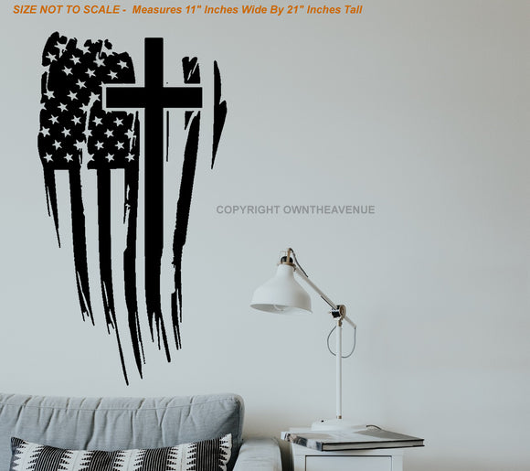 Christian Cross American USA Distressed Tattered Flag Wall Decor Decal - OwnTheAvenue