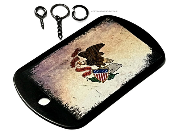 Illinois Flag Rustic Vintage Style Tattered Keychain Necklace Tag