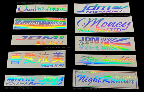 JDM Holographic Oil Slick Silver Japanese Kanji Vinyl Sticker Decal 10 Pack