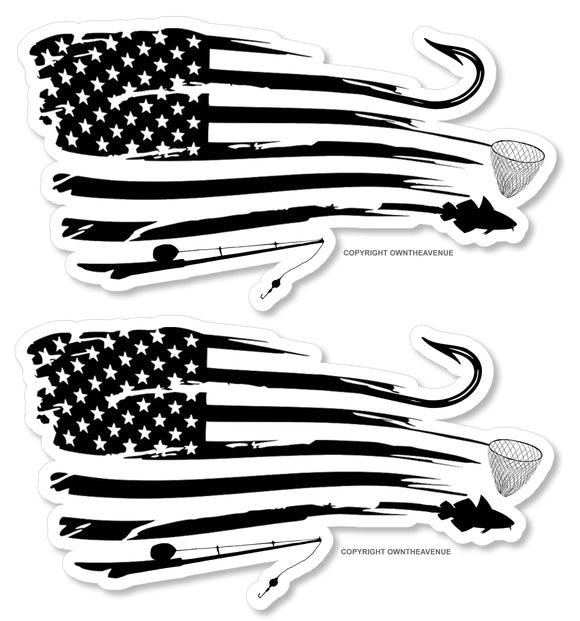 x2 Tattered Distressed American Flag Fish Fishing Vinyl Sticker Decal 4