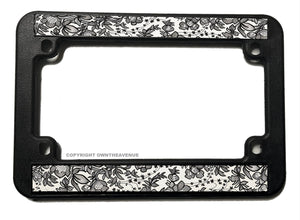 Floral Flowers Vintage Style Grayscale Black And White Motorcycle License Plate Frame