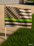 x2 USA American Flags Green Colored Line Support Military Grunge Style 8.1"
