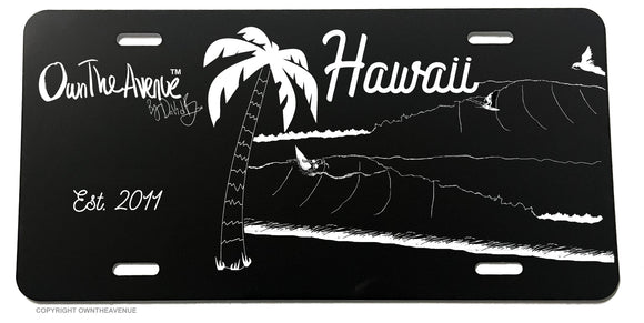Hawaii Surfing Beach Ocean Sunset Palm Trees OwnTheAvenue License Plate Cover - OwnTheAvenue