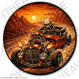 Hot Rod Skeleton Canyons Mountains Sunset Vinyl Sticker Decal 3.5" - OwnTheAvenue