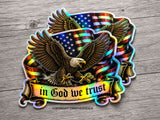 2Pcs In God We Trust Bald Eagle USA American Flag Holographic Sticker Decals
