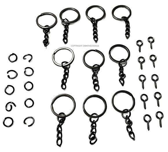 30Pcs Flat Keychain Ring With Loops Black Metal