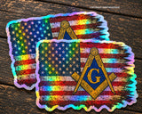 x2 Freemason American Flag USA Distressed Mason Holographic Sticker Decals