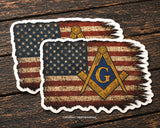 x2 Freemason American Flag USA Distressed Mason Compass Sticker Decal 4"