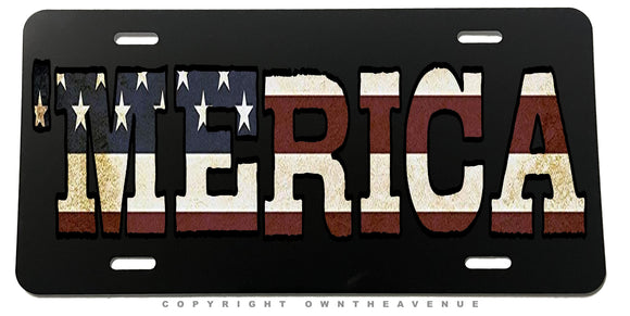 'Merica Vintage Style Distressed American Flag Metal License Plate - OwnTheAvenue
