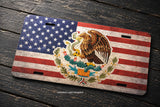 Mexico Mexican USA American Flag Rustic Style Metal License Plate