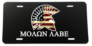 Molon Labe USA American Flag Distressed Tattered Auto License Plate Black Cover - OwnTheAvenue