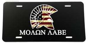 Molon Labe USA American Flag Distressed Tattered Auto License Plate Black Cover