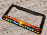 Ocean Palm Trees Sunset Beach Waves Surfing Black Plastic License Plate Frame