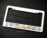 Peace Symbol Sign Groovy Old School Style Holographic White License Plate Frame