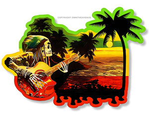 Rasta Reggae Skull Skeleton Music Ocean Palm Trees Vinyl Sticker Decal 4"