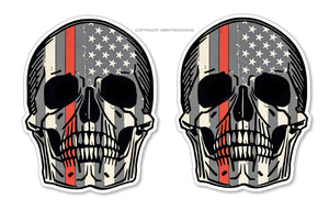 x2 Support Fire Fighters Red Color American Flag Skull Decal Stickers 3.5" Inches