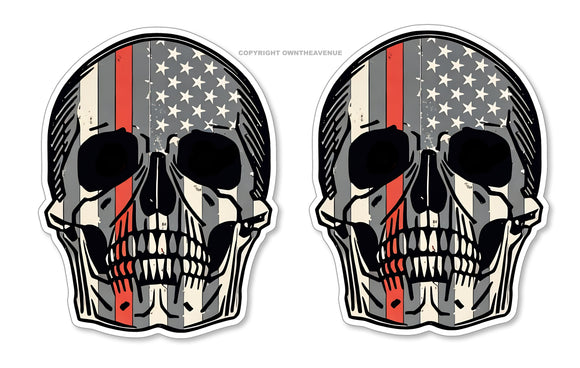 x2 Support Fire Fighters Red Color American Flag Skull Decal Stickers 3.5