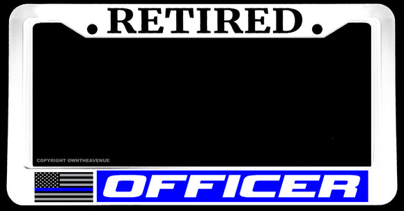 Retired Support Police Blue Colored Line Flag White License Plate Frame - OwnTheAvenue