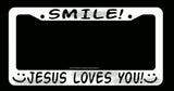 Smile! Jesus Loves You Christian Religion Christ Funny White License Plate Frame - OwnTheAvenue