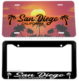 2Pcs San Diego California Sunset Palm Trees Metal License Plate w. Plastic Frame - OwnTheAvenue