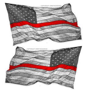 x2 Red Color Line Subdued Firefighter USA American Wavey Flag Vinyl Sticker Decals 4" - OwnTheAvenue