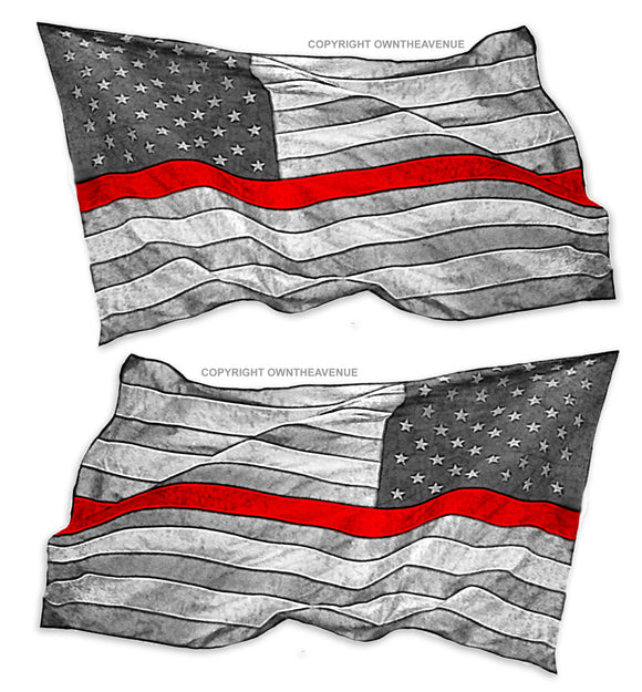 x2 Red Color Line Subdued Firefighter USA American Wavey Flag Vinyl Sticker Decals 4