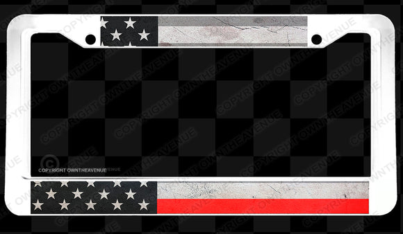 Subdued Vintage Style Support Firefighters American Flag White License Plate Frame