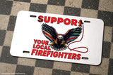 Support Your Local Firefighters Bald Eagle USA American Flag Metal License Plate - OwnTheAvenue