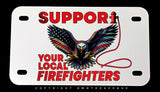 Support Your Local Firefighters USA Flag Bald Eagle Motorcycle License Plate - OwnTheAvenue