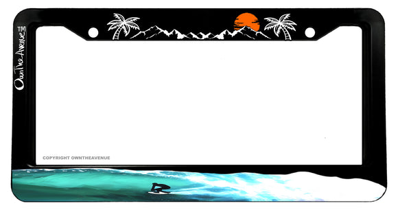 Surfing Barrel Sunset Ocean Palm Trees Waves License Plate Frame - OwnTheAvenue