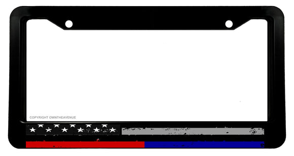 Tattered Support Police & Fire Thin Blue Red Colors USA Flag License Plate Frame - OwnTheAvenue